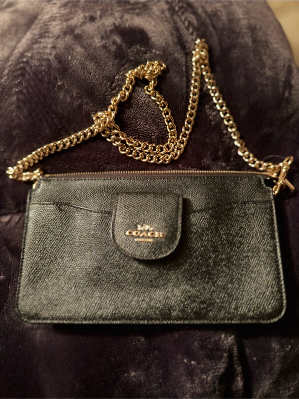 Coach Black Leather Crossbody Wallet with Gold Chain
